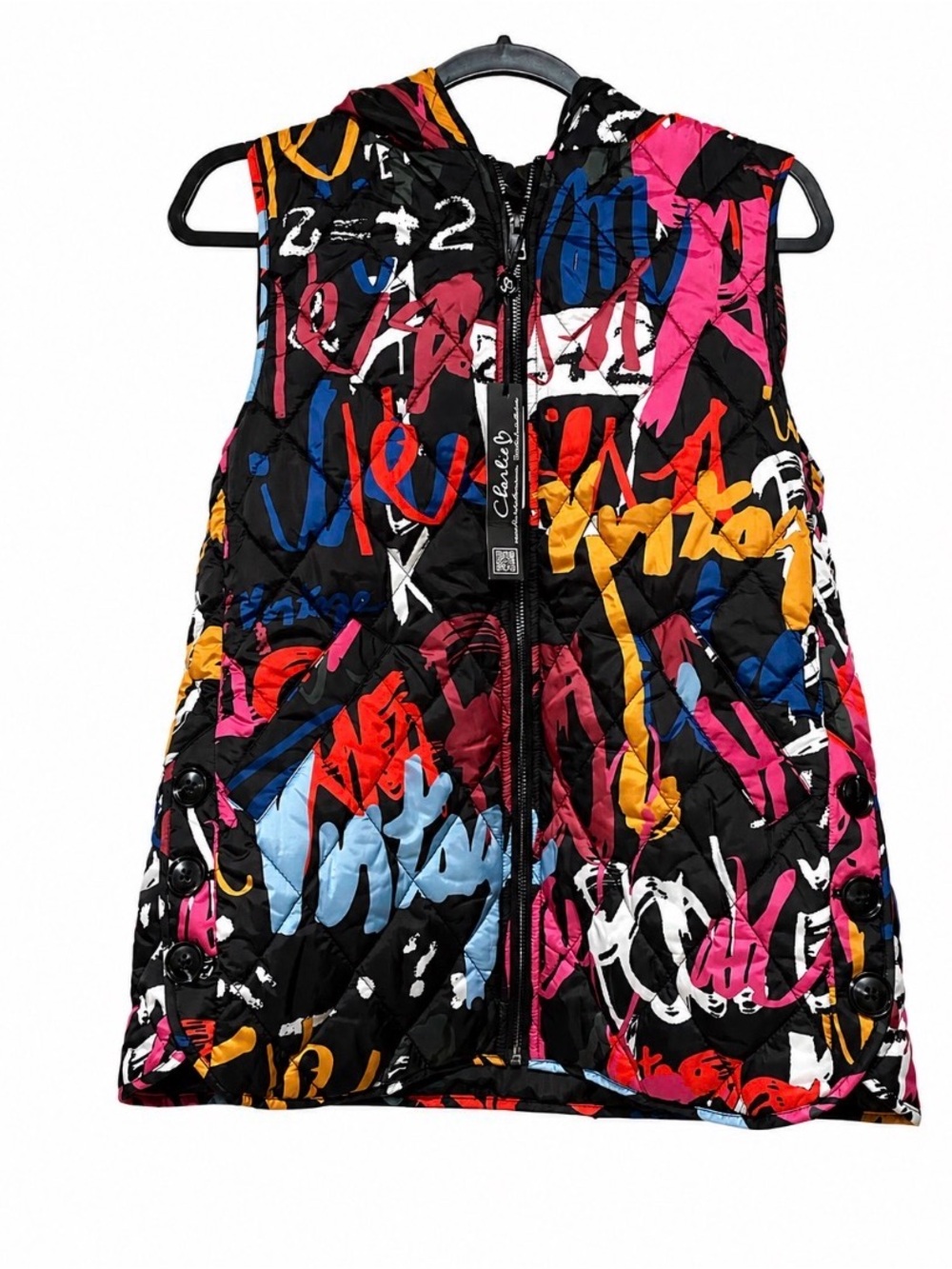 Charlie B Vest Grafitti Quilted Hooded Puffer Womens XSmall Multicolor NWT